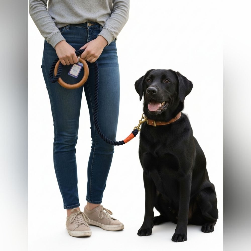 Top Paw NWT Navy Blue 4ft Rope Dog Leash With Accessory Ring & Wood Handle